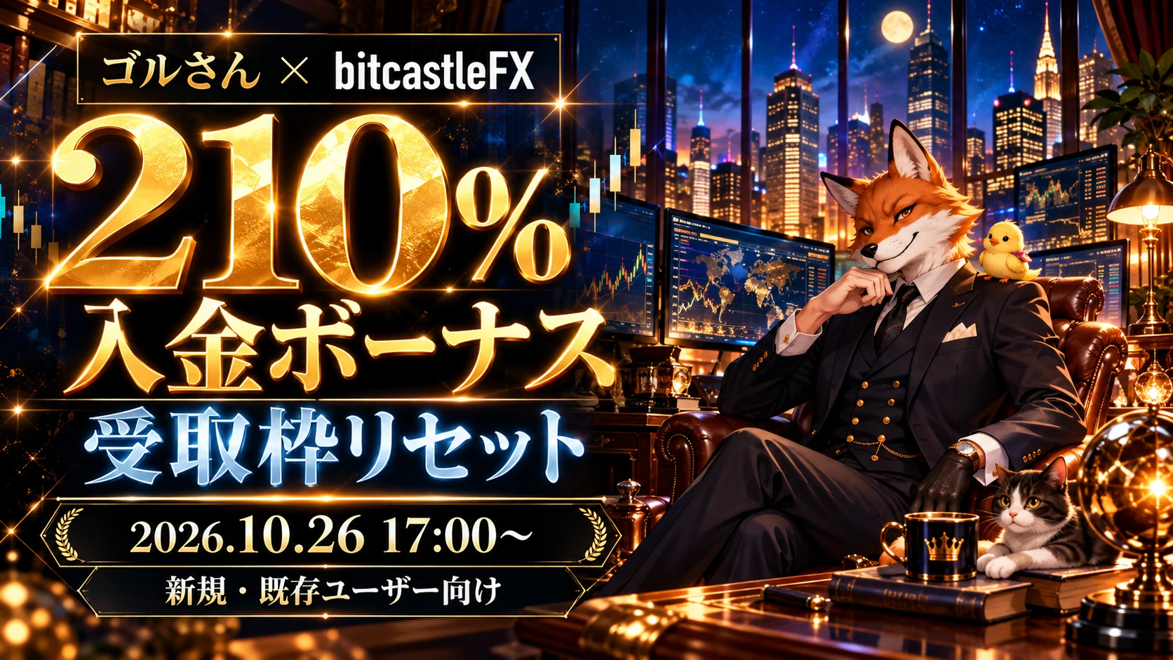夜景が広がるトレーディングルームのゴルさん、ひよこ、猫。210%入金ボーナス受取枠リセットのキャンペーンバナー